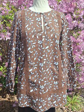 SIZE SMALL, Land's End Brown Printed, Cotton, Long Sleeve Tunic Top